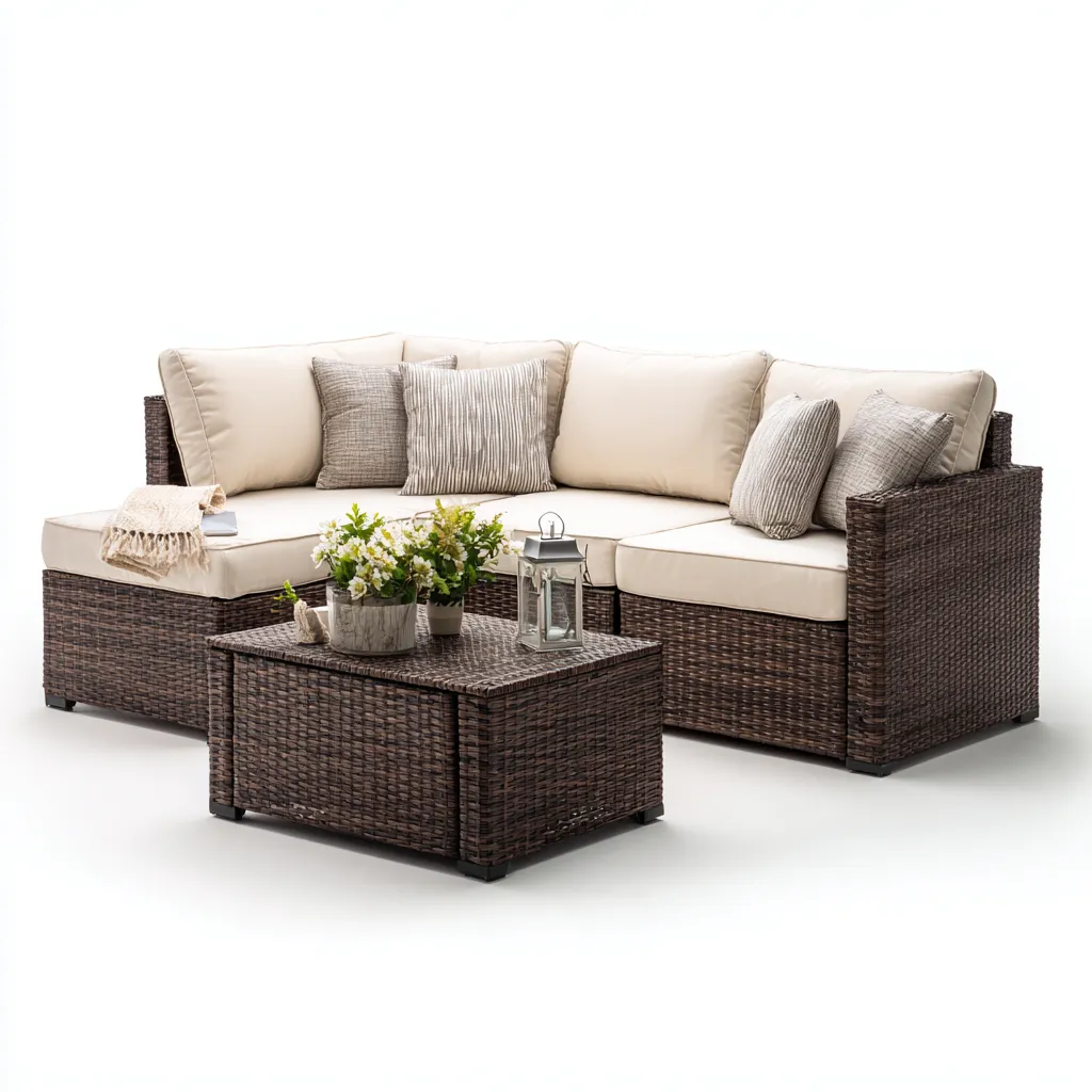 Divano da esterno angolare in rattan sintetico con cuscini in tessuto 200x140x70 cm - marrone-beige - design moderno per giardino e terrazza-Designene