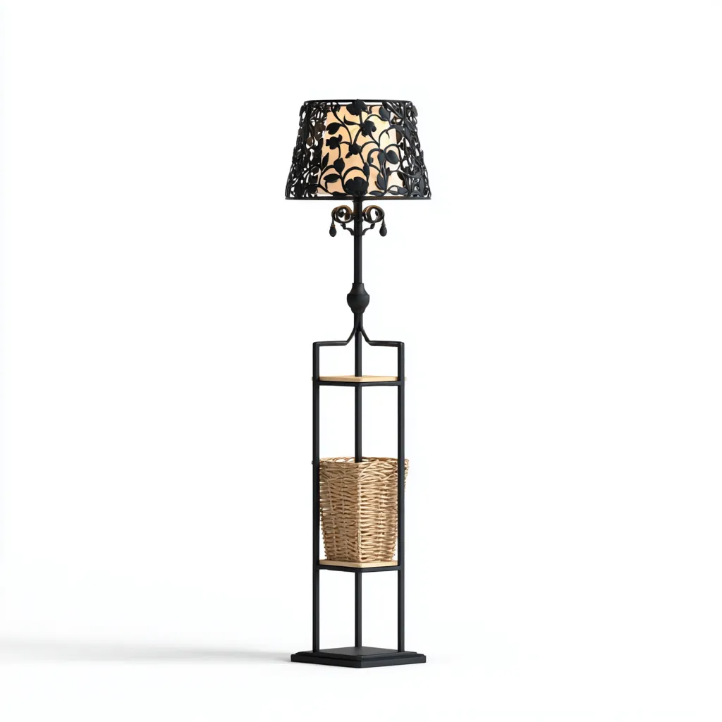 Lampada da terra con scaffali - Metallo e vimini - 35x35x160 cm - Nero-marrone - Stile classico-Designene