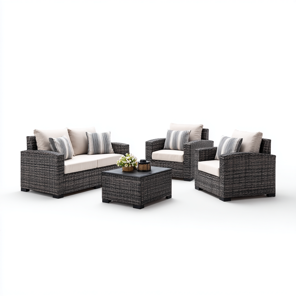Divano da esterno in rattan sintetico con cuscini in tessuto e tavolino 180x80x75 cm - grigio-beige - design moderno e resistente-Designene