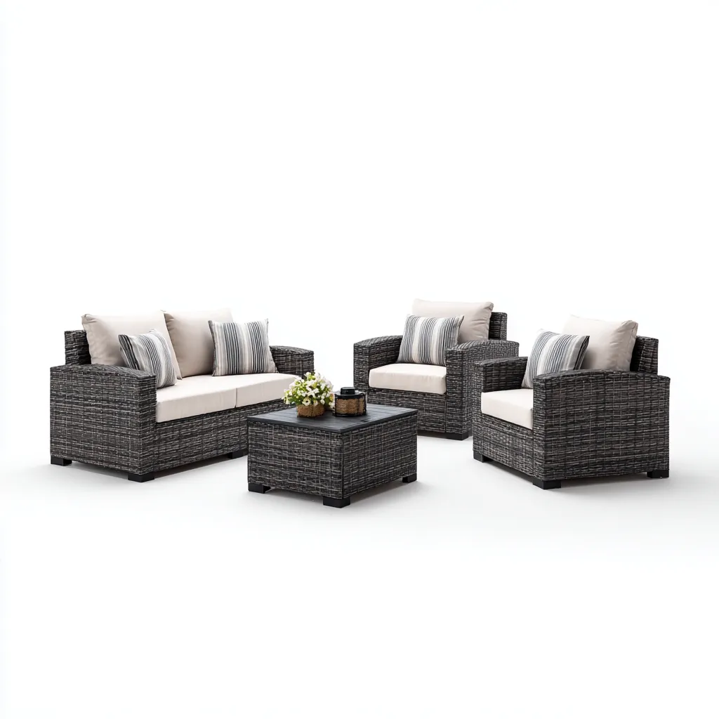 Divano da esterno in rattan sintetico con cuscini in tessuto e tavolino 180x80x75 cm - grigio-beige - design moderno e resistente-Designene