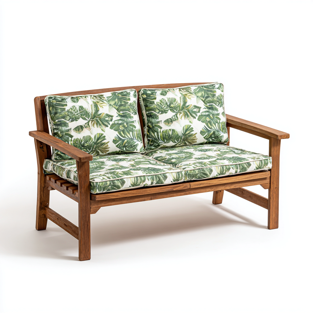 Divano da esterno a due posti in legno con cuscini in tessuto 120x75x85 cm - legno naturale-beige-verde - stile tropicale per giardino e terrazza-Designene