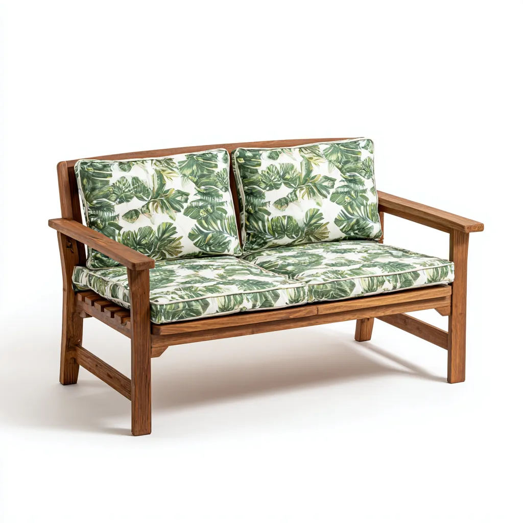 Divano da esterno a due posti in legno con cuscini in tessuto 120x75x85 cm - legno naturale-beige-verde - stile tropicale per giardino e terrazza-Designene