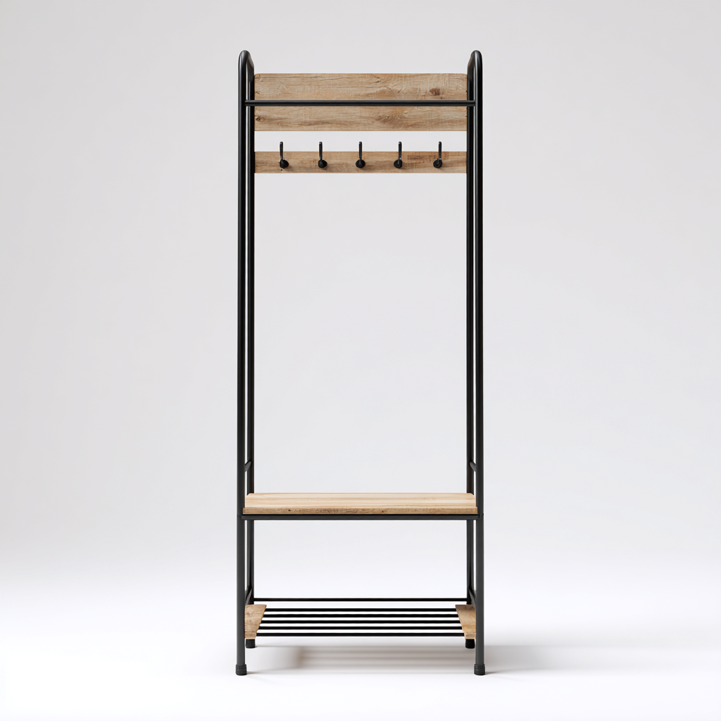 Attaccapanni in legno e metallo 80x35x180 cm - legno naturale - design industriale - con mensola e ripiano portascarpe-Designene