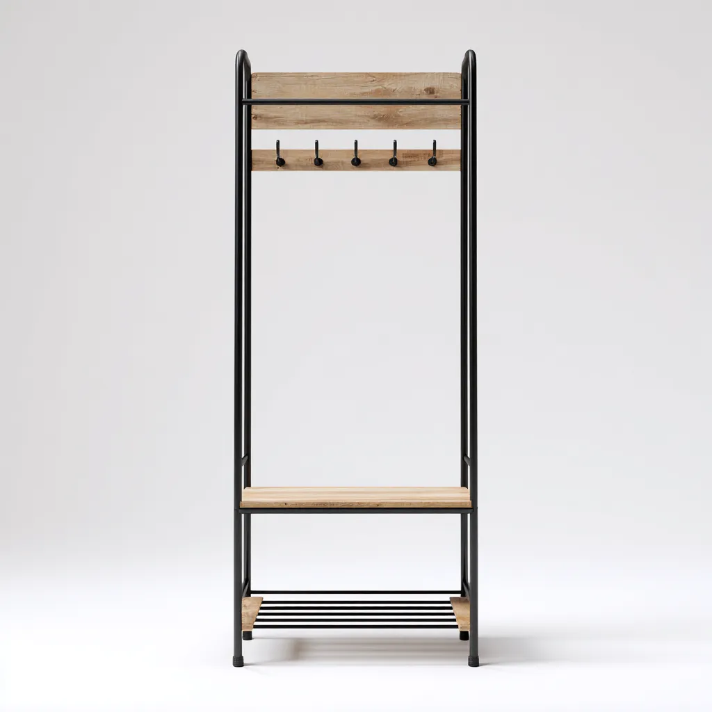 Attaccapanni in legno e metallo 80x35x180 cm - legno naturale - design industriale - con mensola e ripiano portascarpe-Designene