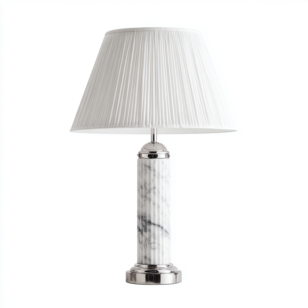 Lampada da tavolo in marmo bianco con base cromata e paralume plissettato 27x27x52 cm - bianco - design moderno-Designene