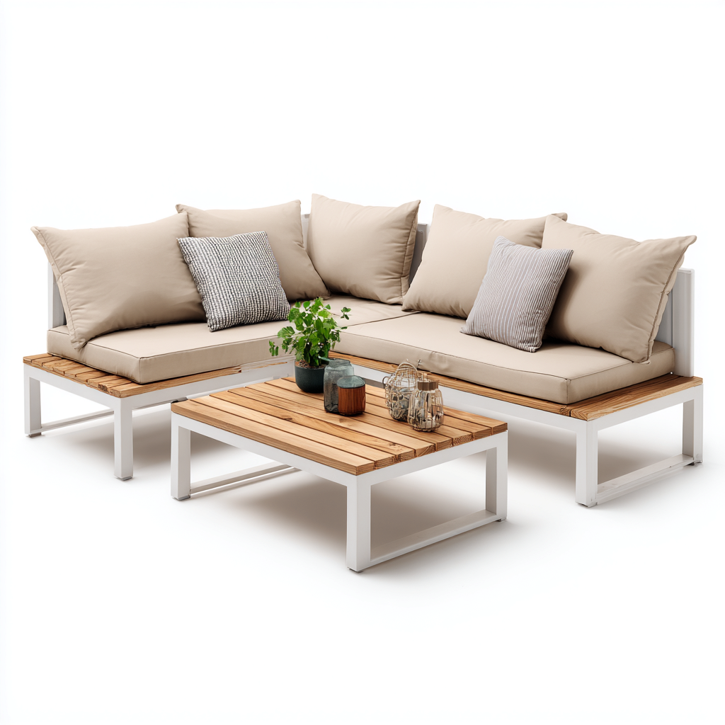 Divano da esterno angolare in metallo e legno con cuscini in tessuto 200x140x70 cm - beige-bianco - stile moderno per terrazza e giardino-Designene