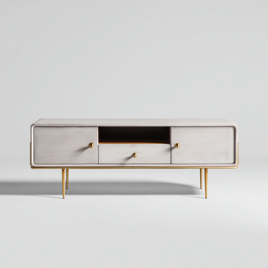 Mobile TV in legno MDF 130x42x50 cm - Bianco-Naturale-Oro - Design moderno con due ante, un cassetto e un vano aperto-Designene