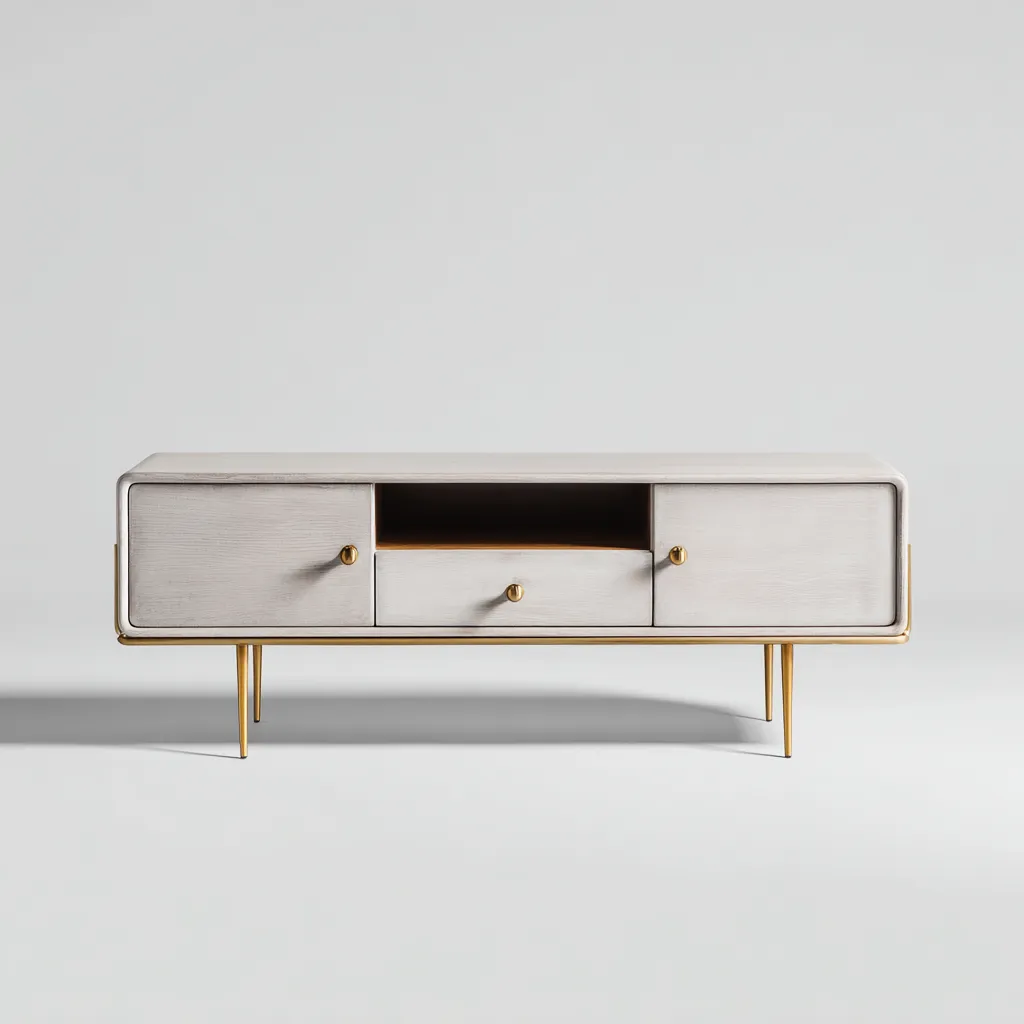 Mobile TV in legno MDF 130x42x50 cm - Bianco-Naturale-Oro - Design moderno con due ante, un cassetto e un vano aperto-Designene