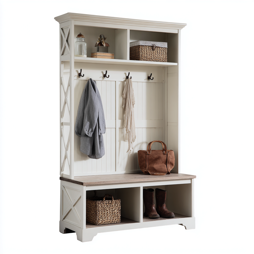 Attaccapanni con panca e scaffali 115x45x190 cm - bianco e marrone - design country - con due vani inferiori e due superiori aperti-Designene