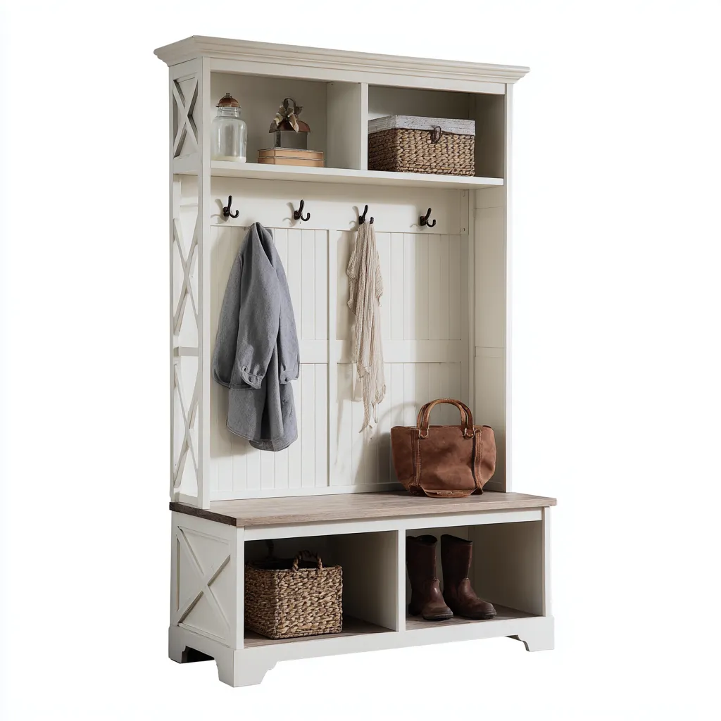 Attaccapanni con panca e scaffali 115x45x190 cm - bianco e marrone - design country - con due vani inferiori e due superiori aperti-Designene