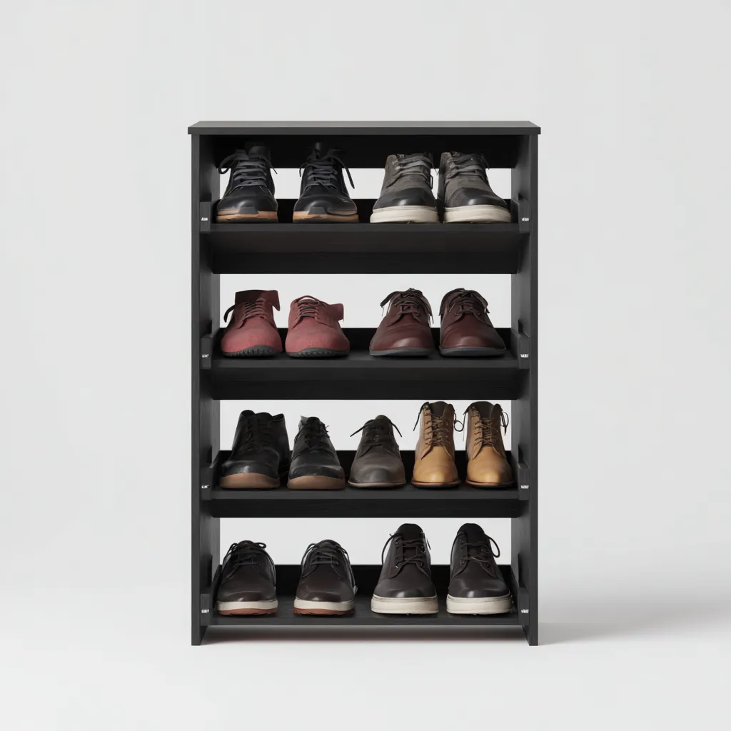 Scarpiera in legno MDF a 4 ripiani 70x30x90 cm - nera - design moderno compatto-Designene