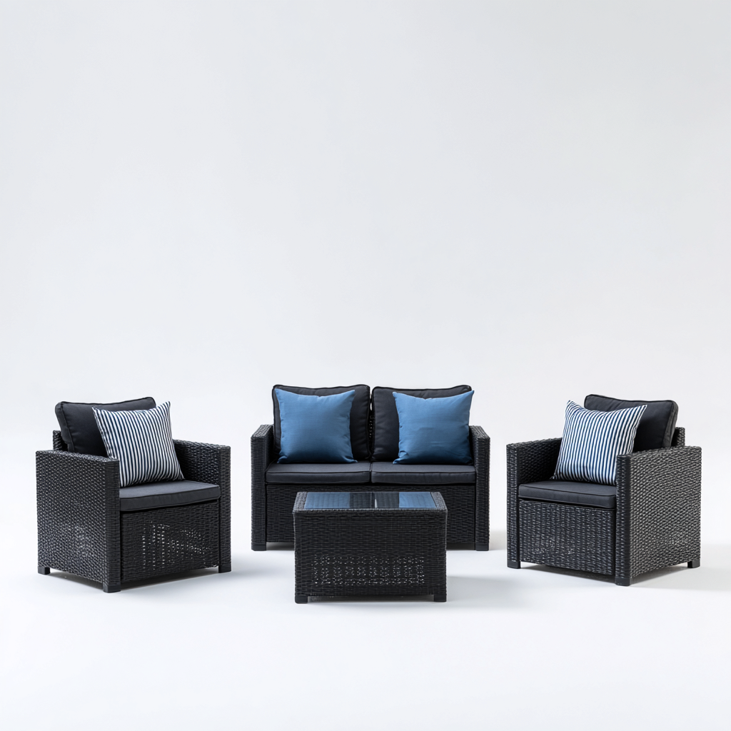 Divano da esterno in rattan sintetico con cuscini in tessuto e tavolino 160x80x75 cm - nero-blu - design moderno e compatto-Designene