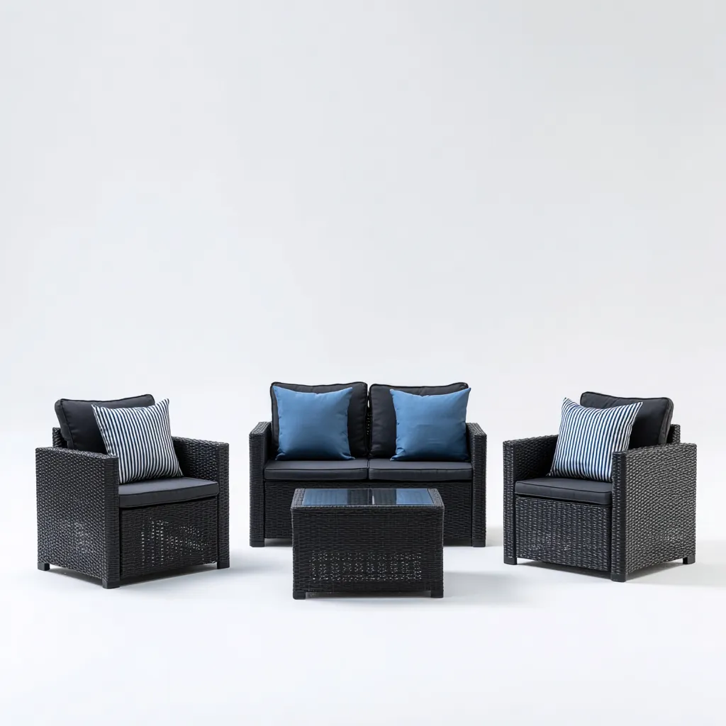 Divano da esterno in rattan sintetico con cuscini in tessuto e tavolino 160x80x75 cm - nero-blu - design moderno e compatto-Designene