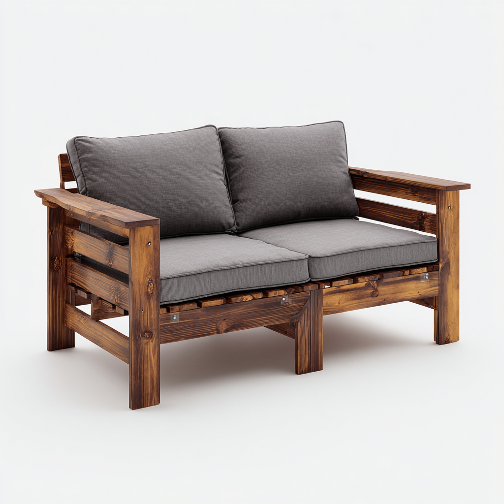 Divano da esterno a due posti in legno con cuscini grigi 120x75x85 cm - legno scuro-grigio - stile moderno per giardino e terrazza-Designene