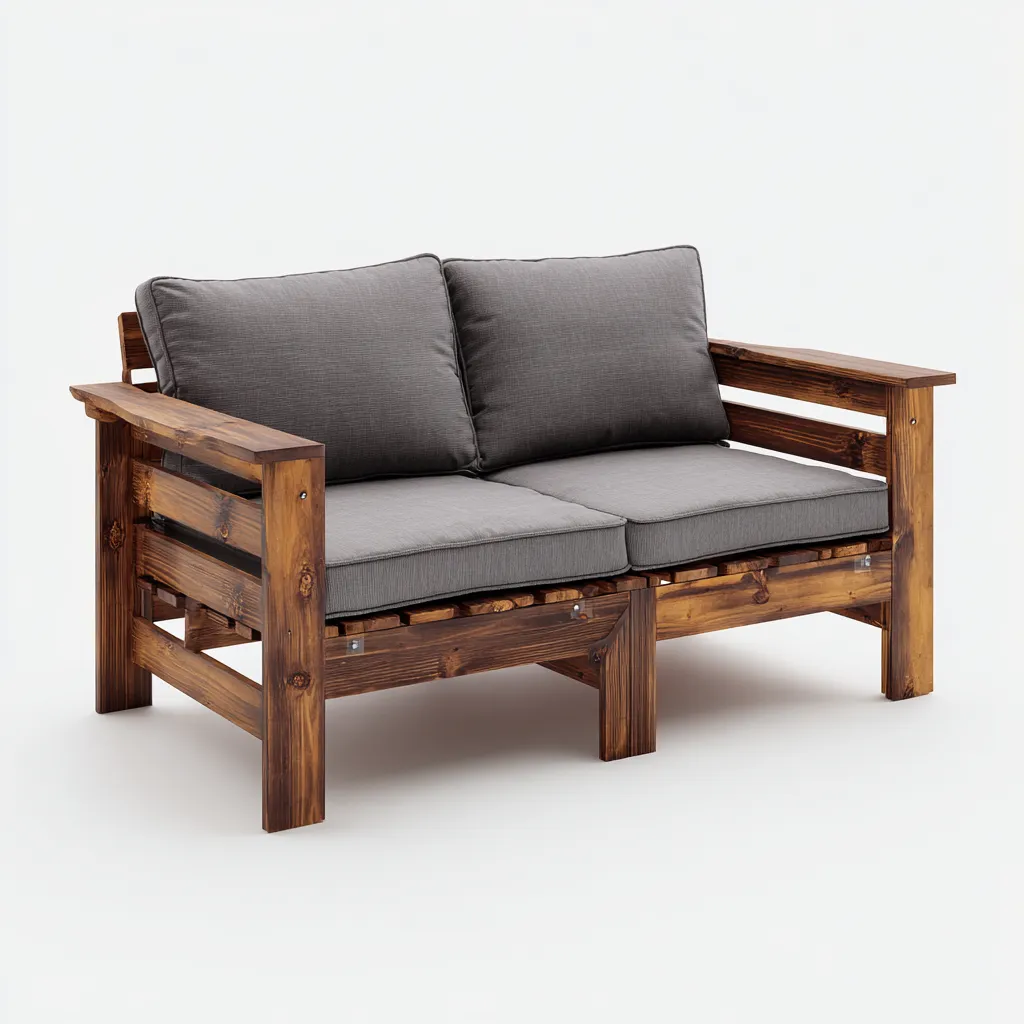 Divano da esterno a due posti in legno con cuscini grigi 120x75x85 cm - legno scuro-grigio - stile moderno per giardino e terrazza-Designene