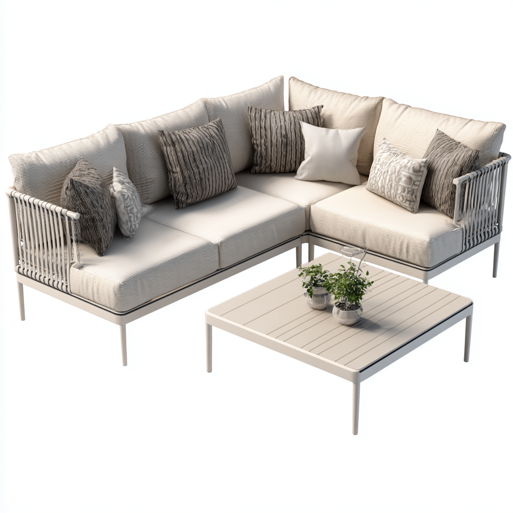 Divano da esterno angolare in metallo con corde intrecciate e cuscini in tessuto 210x150x75 cm - beige-bianco - stile moderno per giardino e terrazza-Designene