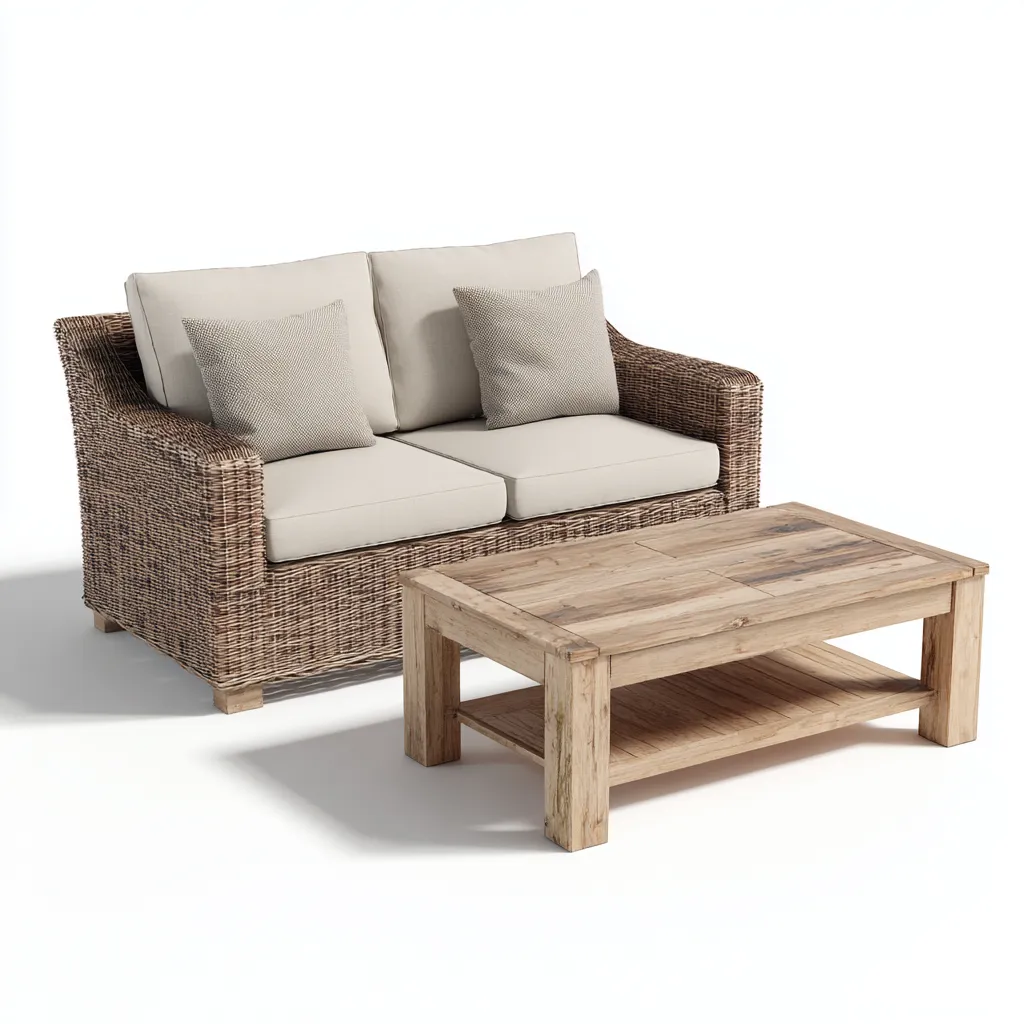 Divano da esterno in rattan sintetico con cuscini in tessuto e tavolo in legno 150x80x75 cm - marrone-beige - design naturale e moderno-Designene