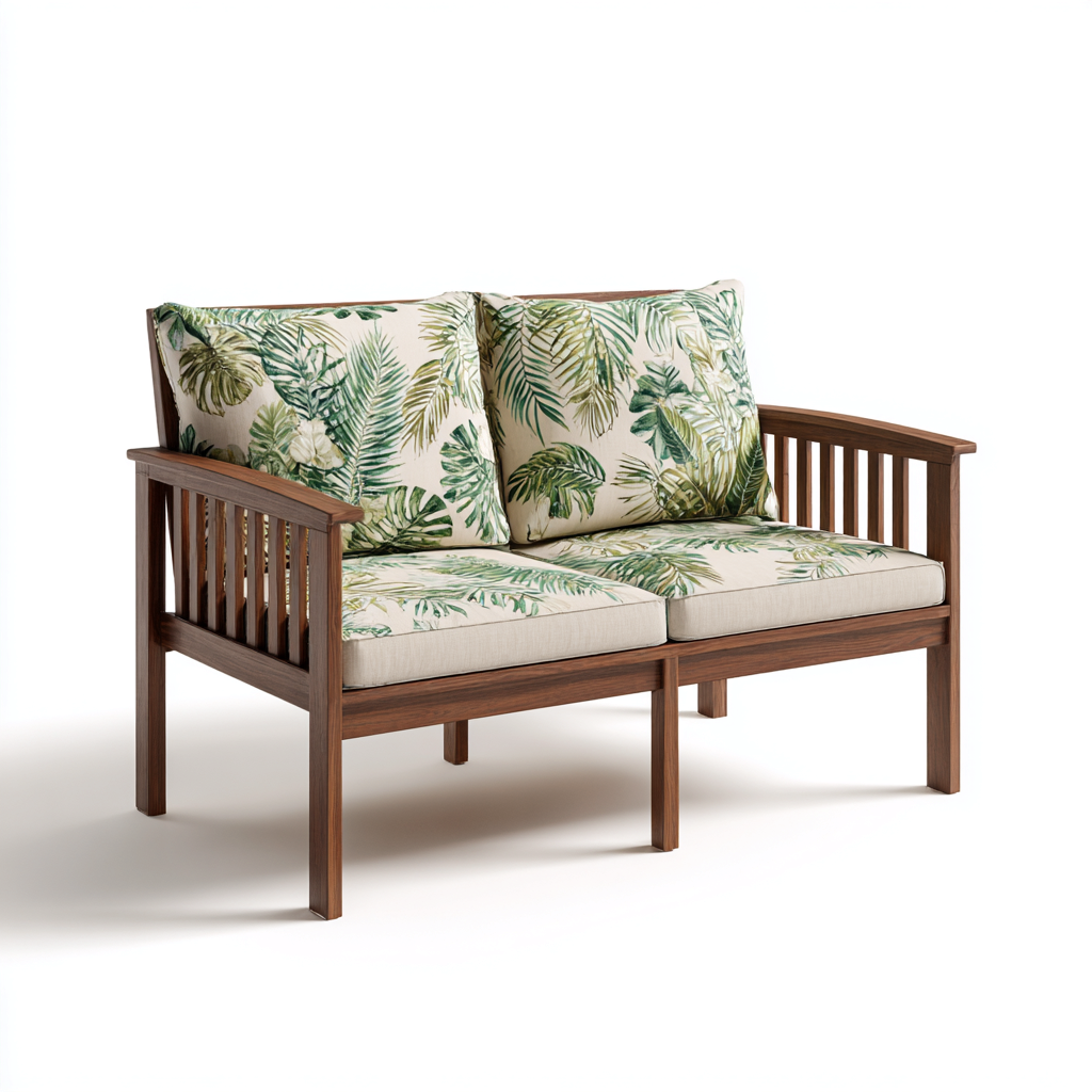 Divano da esterno a due posti in legno con cuscini in tessuto 120x70x85 cm - marrone-beige-verde - stile tropicale per giardino e terrazza-Designene