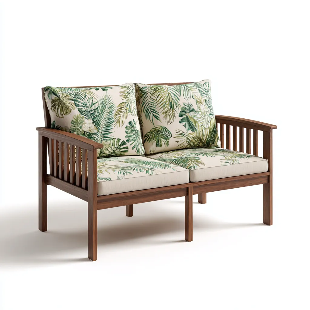 Divano da esterno a due posti in legno con cuscini in tessuto 120x70x85 cm - marrone-beige-verde - stile tropicale per giardino e terrazza-Designene