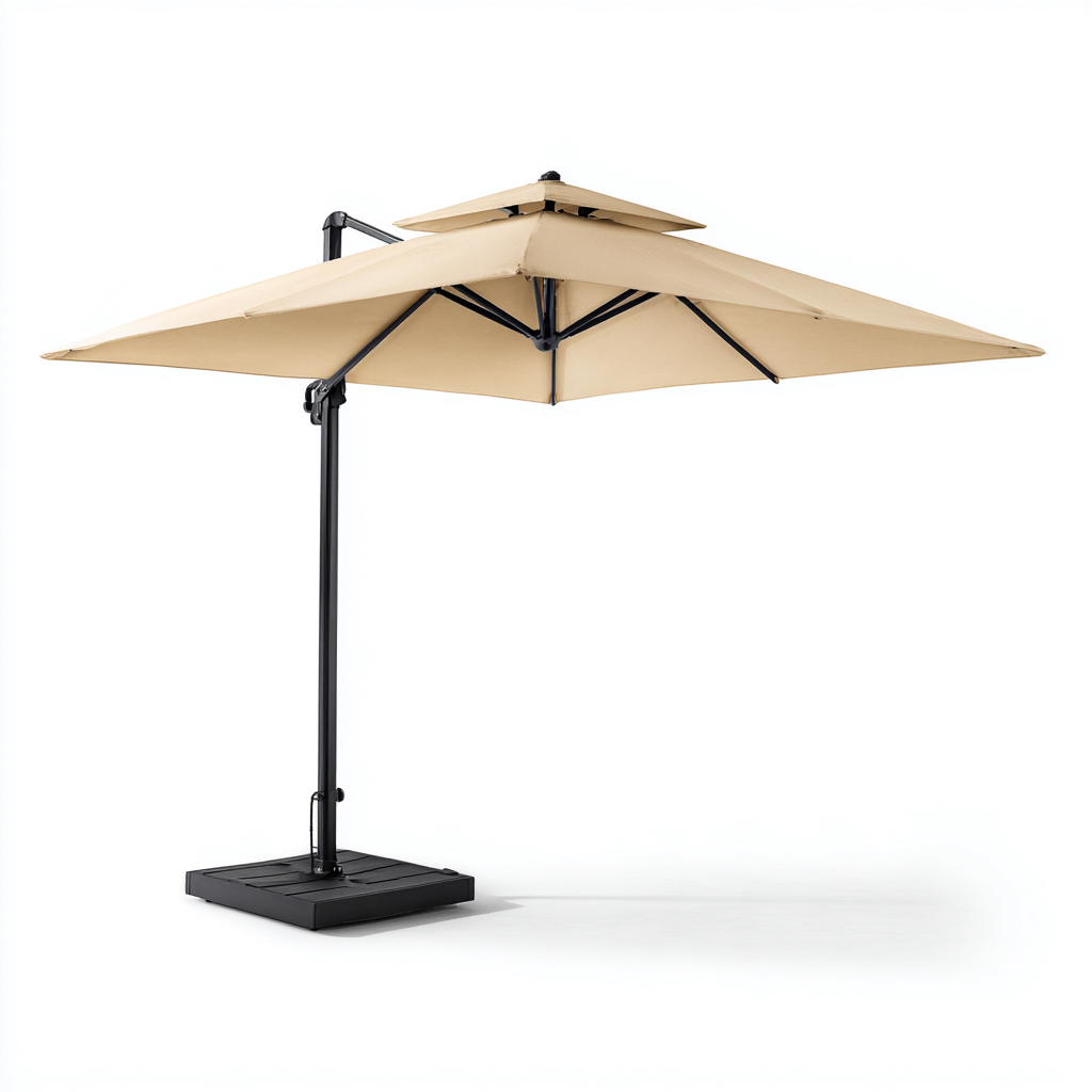 Ombrellone da giardino in poliestere 300x300x260 cm - beige-nero - ombrellone quadrato decentrato con doppio tetto e base stabile in acciaio-Designene