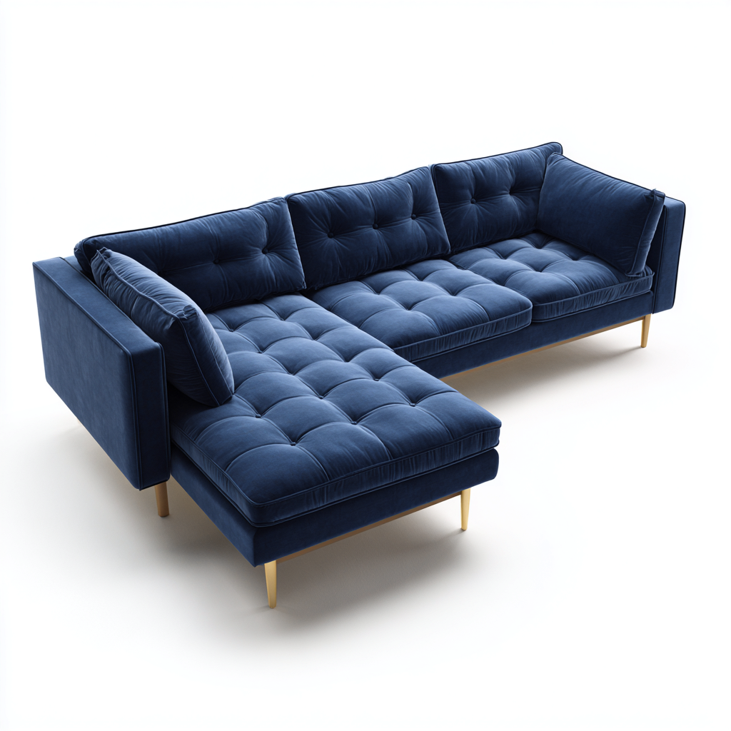 Divano angolare in velluto 250x160x85 cm - blu - design moderno con chaise longue e seduta trapuntata-Designene