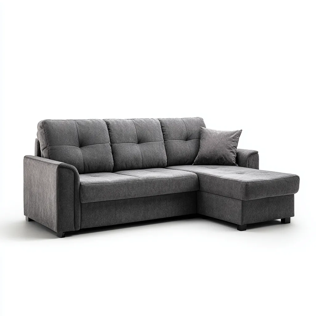 Divano angolare in tessuto 235x150x85 cm - grigio scuro - con chaise longue e vano contenitore - design moderno-Designene