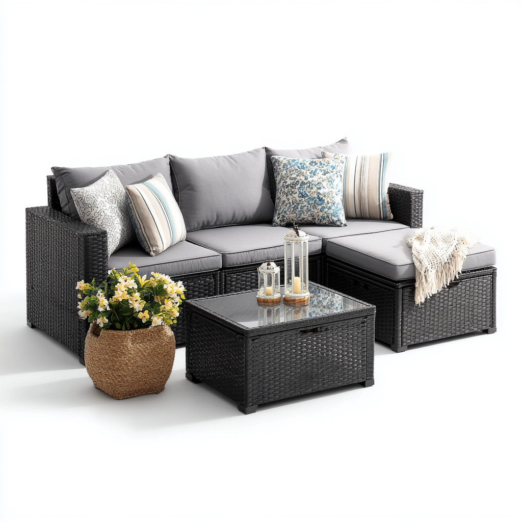 Divano da esterno angolare in rattan sintetico con cuscini in tessuto 200x140x70 cm - nero-grigio - design moderno per giardino e terrazza-Designene