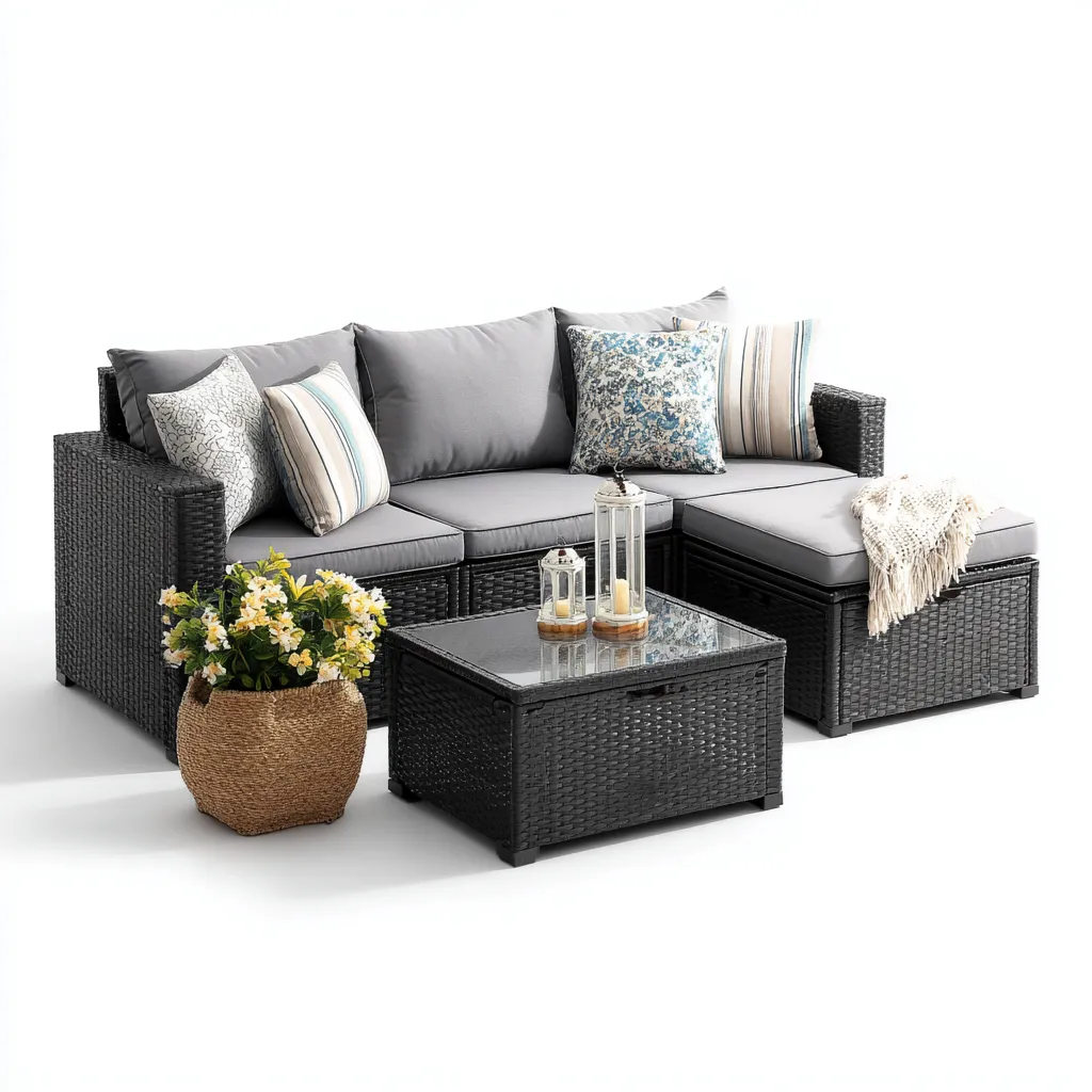 Divano da esterno angolare in rattan sintetico con cuscini in tessuto 200x140x70 cm - nero-grigio - design moderno per giardino e terrazza-Designene