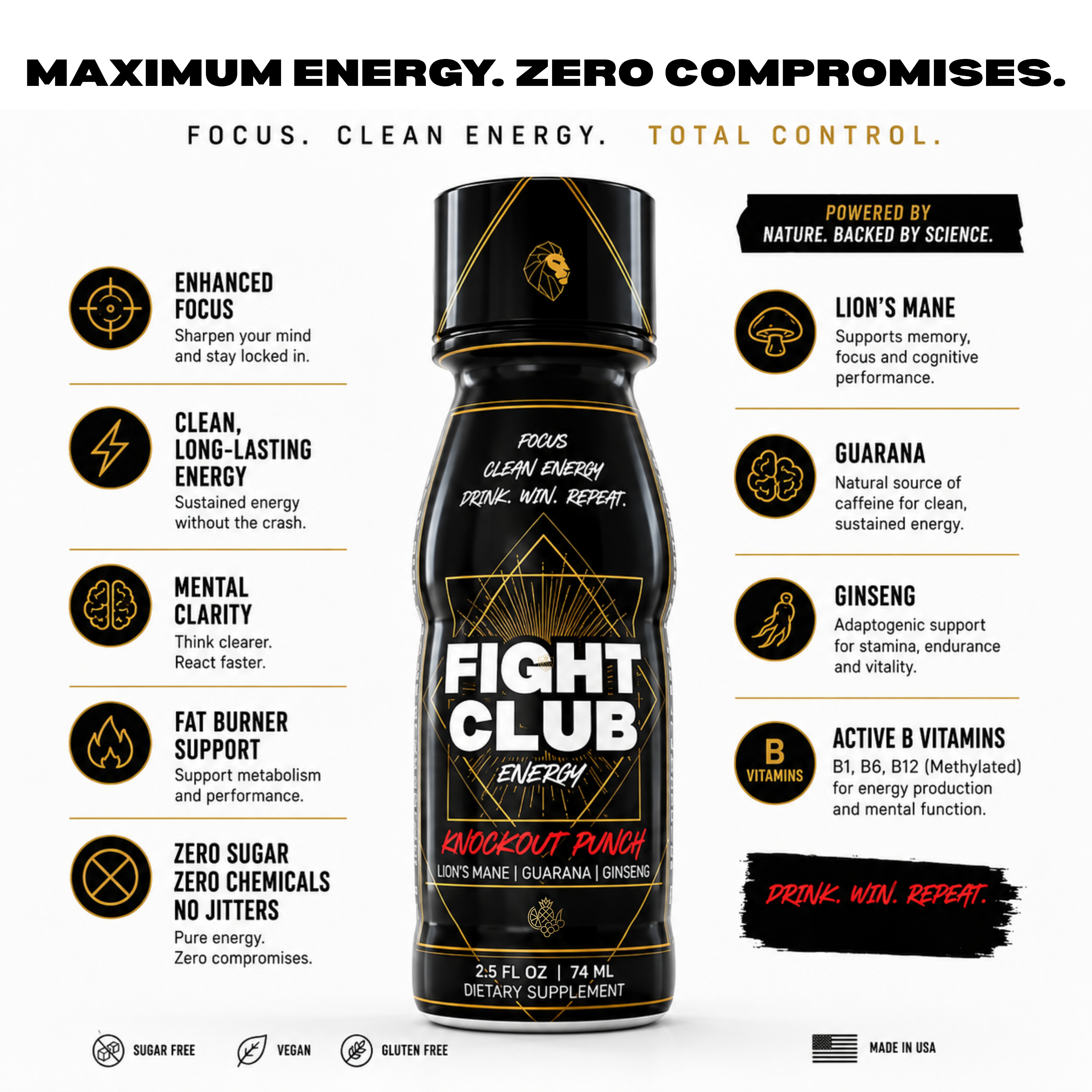 Fight Club Energy Shots Knockout Punch Fruit Punch Flavor 2.5oz Bottles (20 Pack)