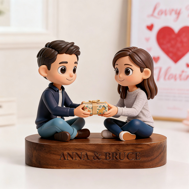 3D Printed Valentine’s Day Figure with Personalized Engraved Wooden Base Keepsake