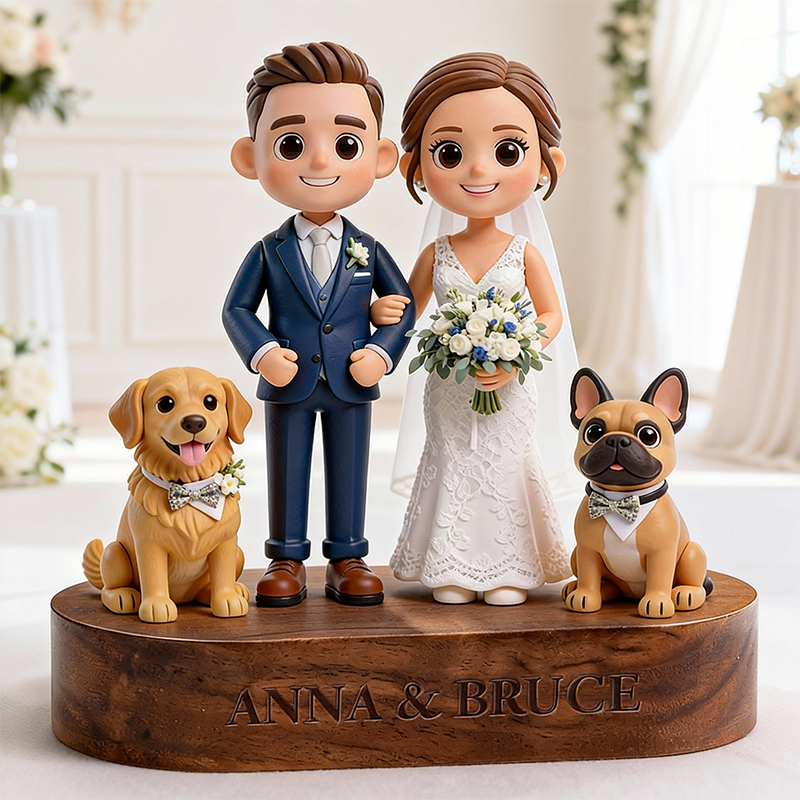 Custom 3D Printed Wedding Figure with Engraved Wooden Base – Personalized Name & Message Display Stand Gift