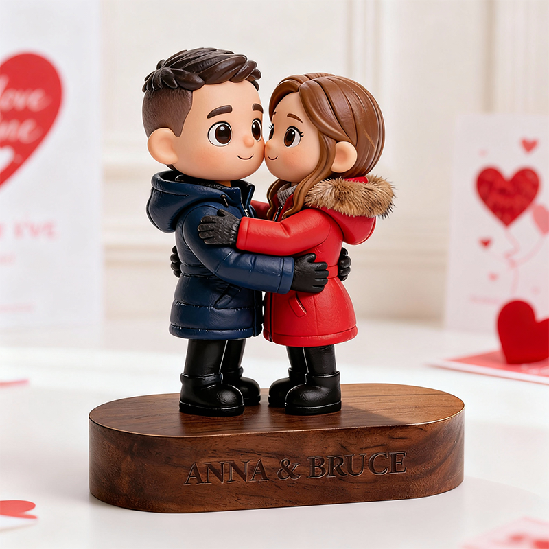 3D Printed Valentine’s Day Figure with Personalized Engraved Wooden Base Keepsake
