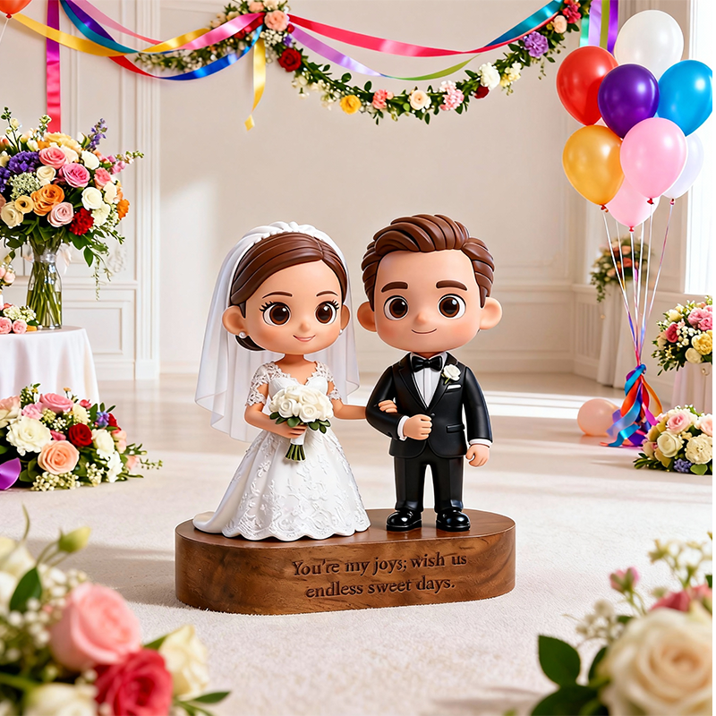 Custom 3D Printed Wedding Figure with Engraved Wooden Base – Personalized Name & Message Display Stand Gift