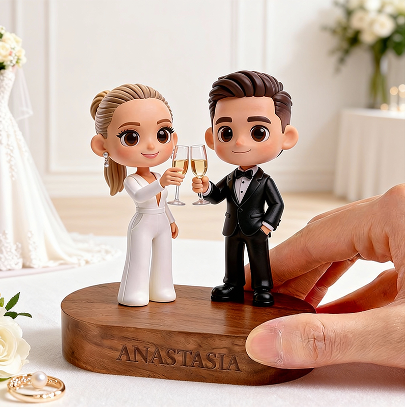 Custom 3D Printed Wedding Figure with Engraved Wooden Base – Personalized Name & Message Display Stand Gift
