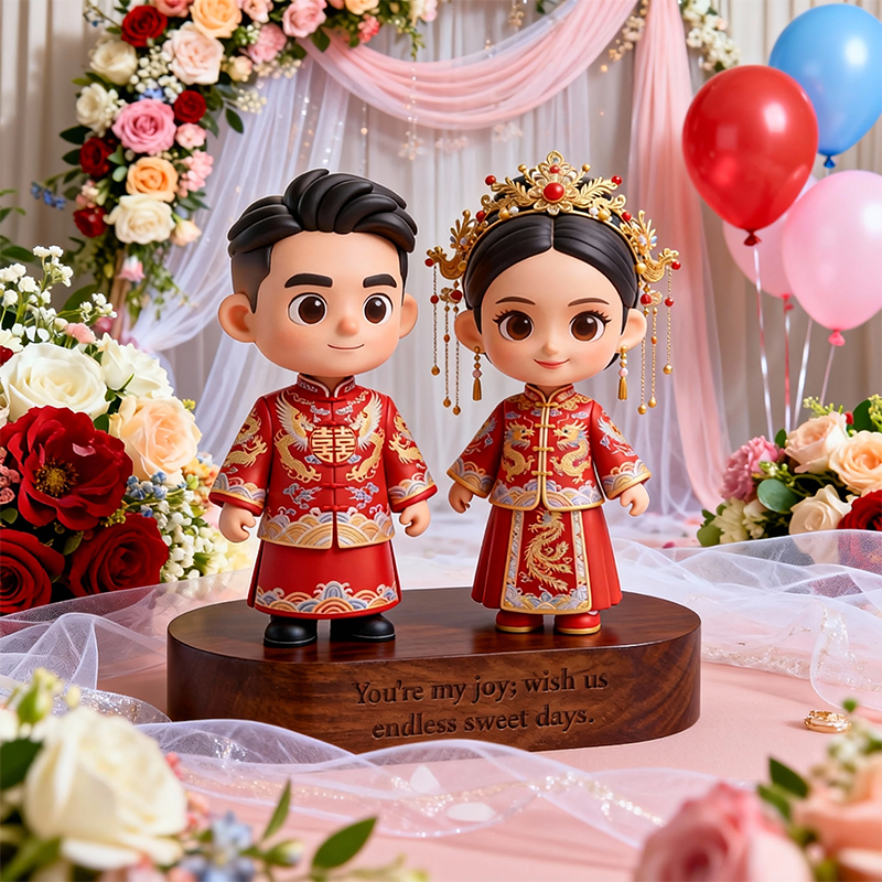 Custom 3D Printed Wedding Figure with Engraved Wooden Base – Personalized Name & Message Display Stand Gift