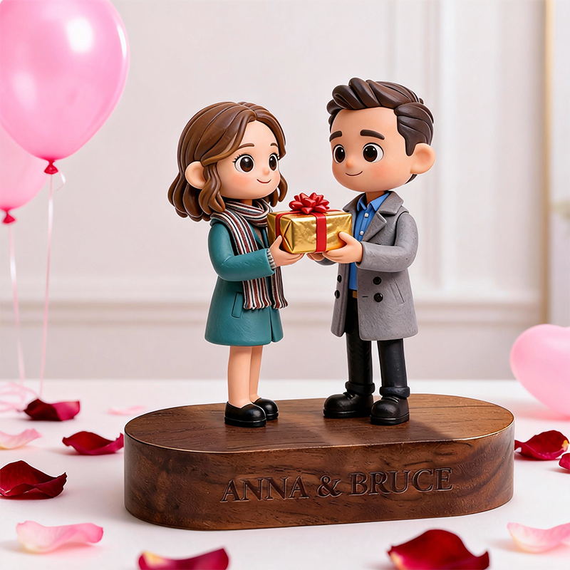 3D Printed Valentine’s Day Figure with Personalized Engraved Wooden Base Keepsake