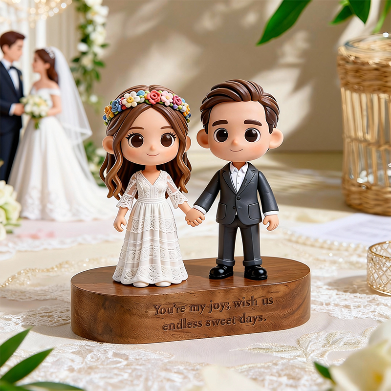Custom 3D Printed Wedding Figure with Engraved Wooden Base – Personalized Name & Message Display Stand Gift