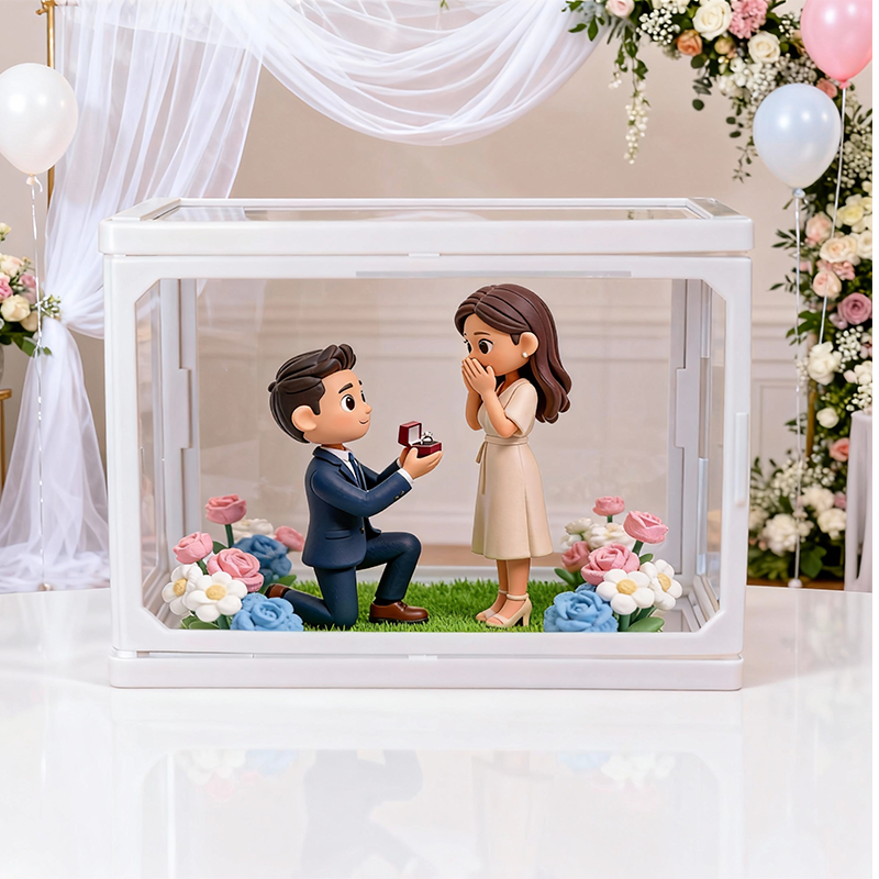 Custom 3D Printed Wedding Couple Figure in Glass Dollhouse Display Case – Personalized Miniature Scene Keepsake Gift