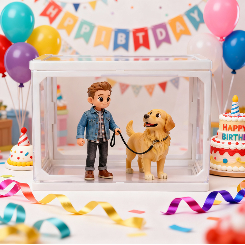 Custom 3D Printed Figure - Glass Dollhouse Custom Scene Display Case - Birthday