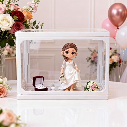 Custom 3D Printed Wedding Couple Figure in Glass Dollhouse Display Case – Personalized Miniature Scene Keepsake Gift