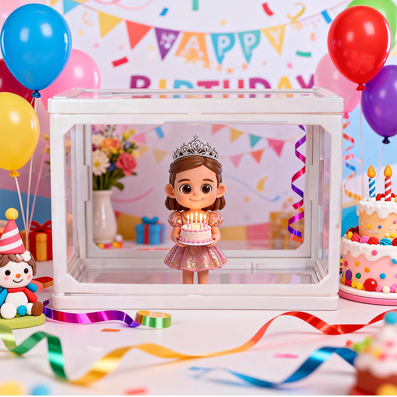 Custom 3D Printed Figure - Glass Dollhouse Custom Scene Display Case - Birthday