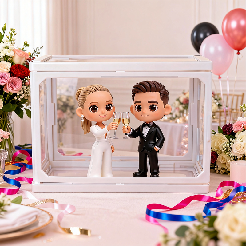 Custom 3D Printed Wedding Couple Figure in Glass Dollhouse Display Case – Personalized Miniature Scene Keepsake Gift