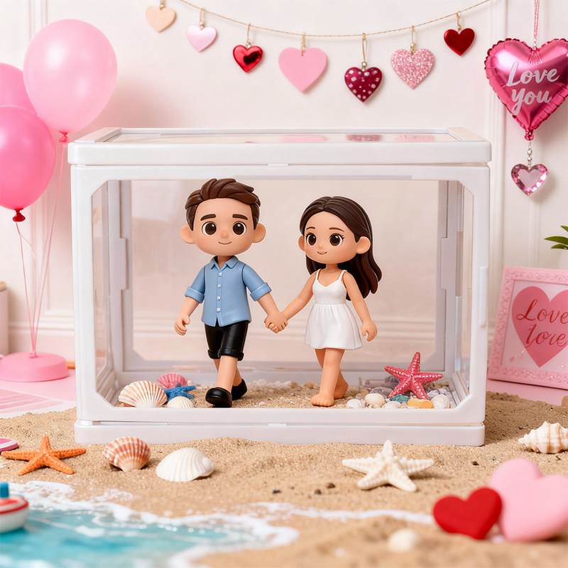 Valentine’s Day 3D Printed Figure Display – Custom Glass Dollhouse Scene for Couples