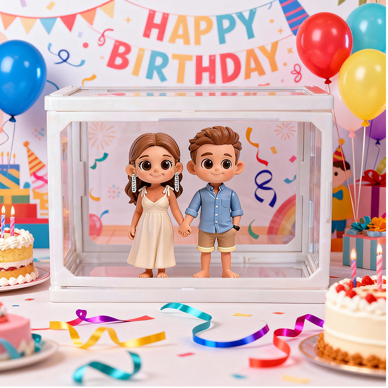 Custom 3D Printed Figure - Glass Dollhouse Custom Scene Display Case - Birthday