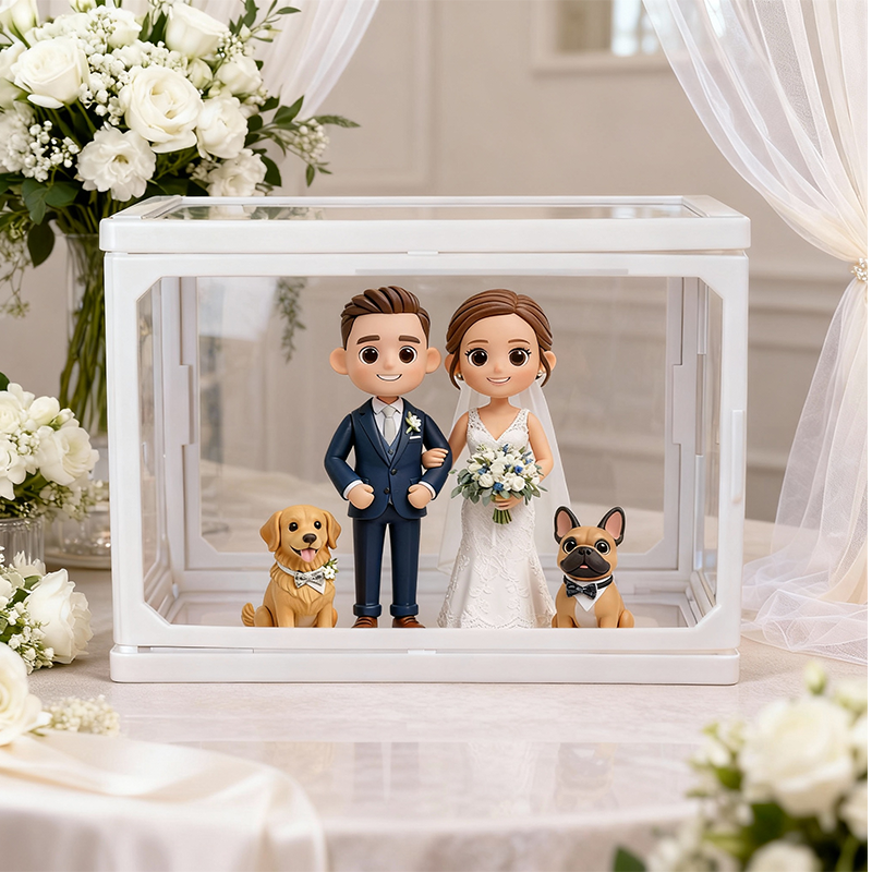 Custom 3D Printed Wedding Couple Figure in Glass Dollhouse Display Case – Personalized Miniature Scene Keepsake Gift