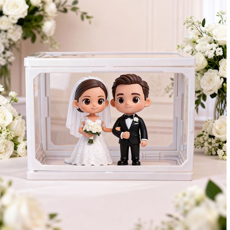 Custom 3D Printed Wedding Couple Figure in Glass Dollhouse Display Case – Personalized Miniature Scene Keepsake Gift