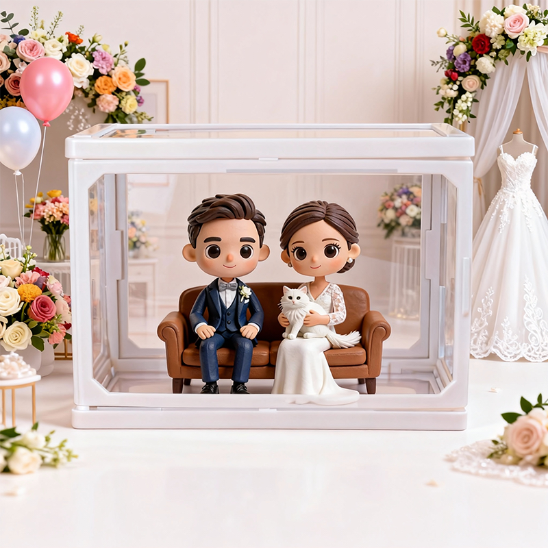 Custom 3D Printed Wedding Couple Figure in Glass Dollhouse Display Case – Personalized Miniature Scene Keepsake Gift
