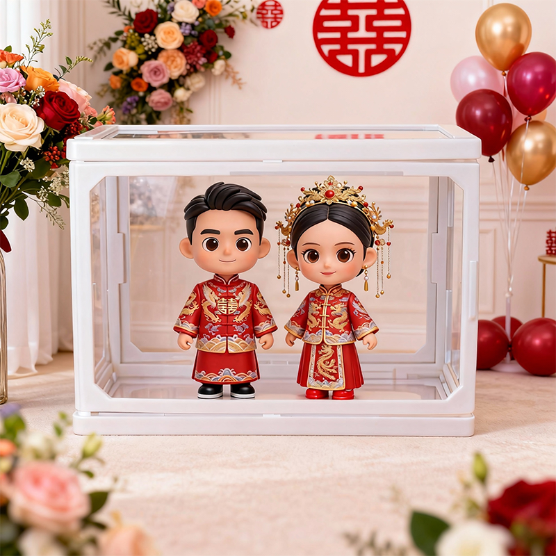 Custom 3D Printed Wedding Couple Figure in Glass Dollhouse Display Case – Personalized Miniature Scene Keepsake Gift