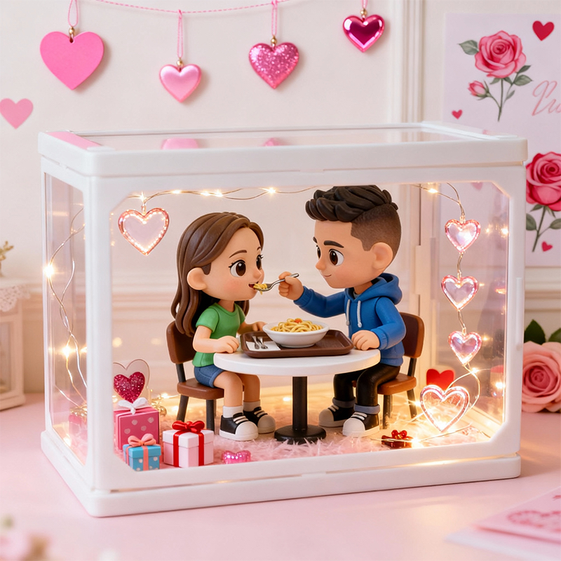 Valentine’s Day 3D Printed Figure Display – Custom Glass Dollhouse Scene for Couples