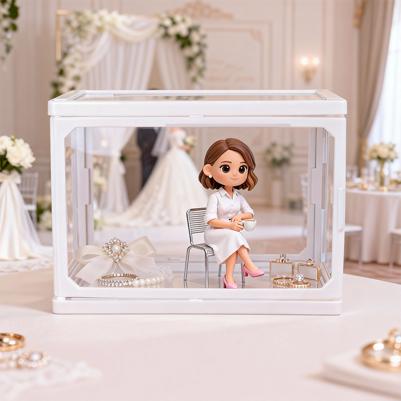 Custom 3D Printed Wedding Couple Figure in Glass Dollhouse Display Case – Personalized Miniature Scene Keepsake Gift